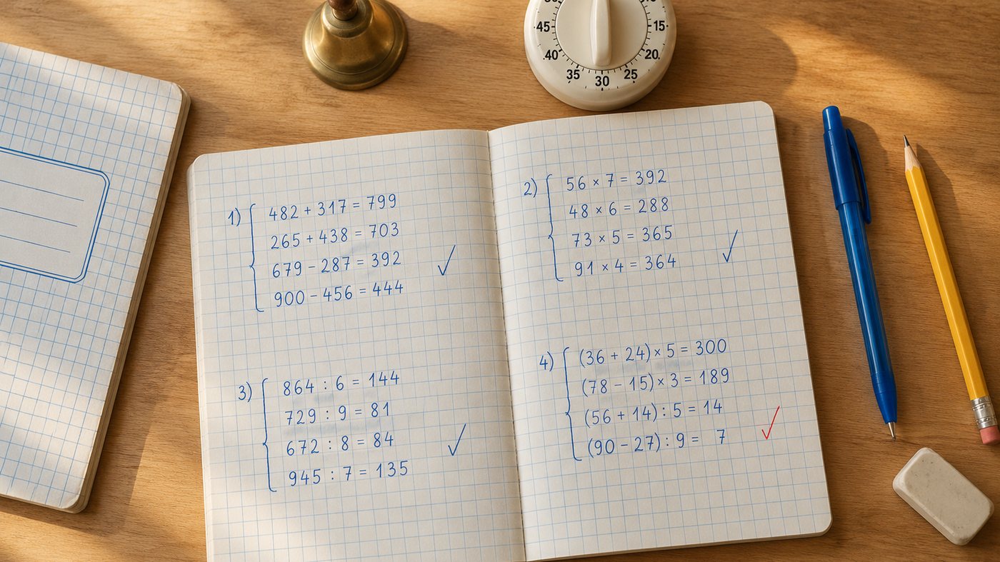 Caiet de matematică cu temele împărțite în blocuri de 10 minute și un clopoțel